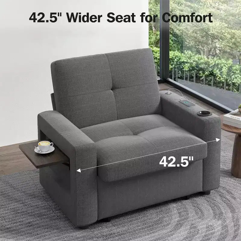 Dyonery 42.5 Canapé-lit convertible avec lit gigogne, fauteuil inclinable 3-en-1 avec dossier réglable, ports USB et tablette latérale