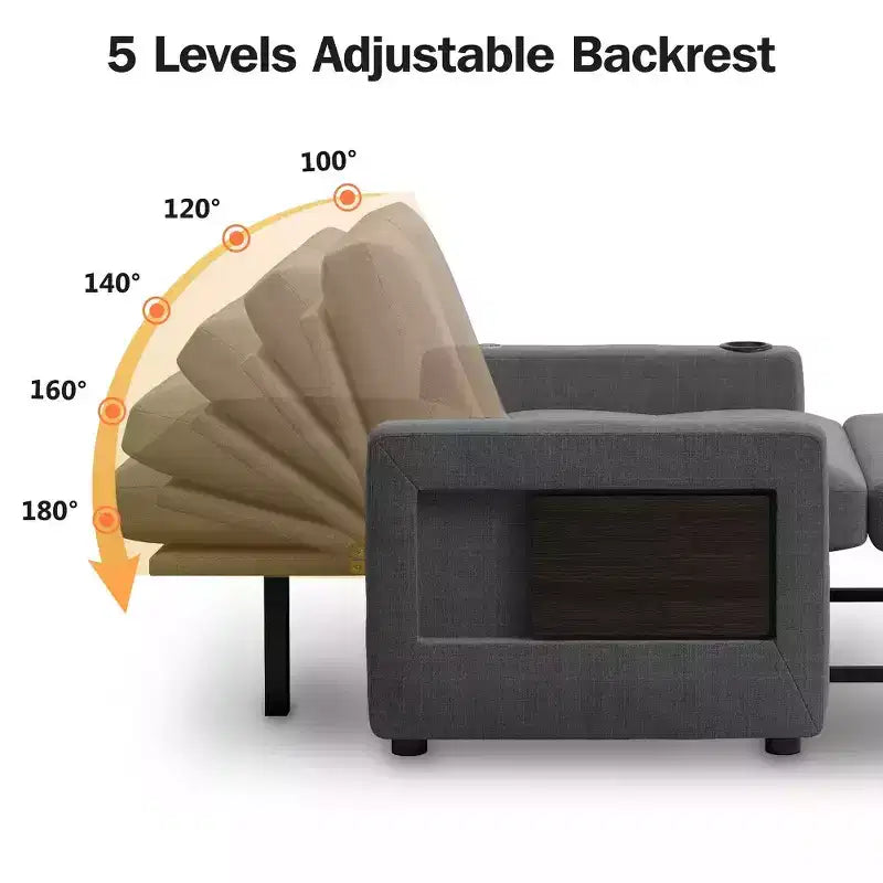 Dyonery 42.5 Canapé-lit convertible avec lit gigogne, fauteuil inclinable 3-en-1 avec dossier réglable, ports USB et tablette latérale