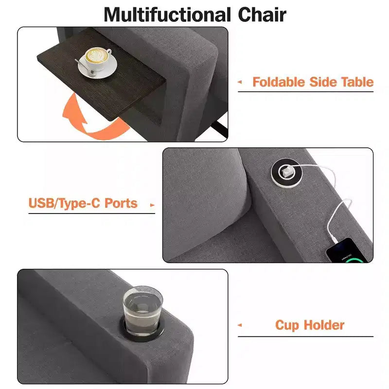 Dyonery 42.5 Canapé-lit convertible avec lit gigogne, fauteuil inclinable 3-en-1 avec dossier réglable, ports USB et tablette latérale