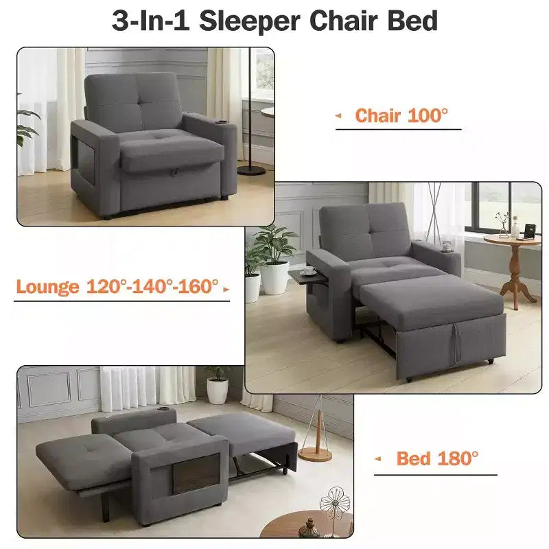 Dyonery 42.5 Canapé-lit convertible avec lit gigogne, fauteuil inclinable 3-en-1 avec dossier réglable, ports USB et tablette latérale