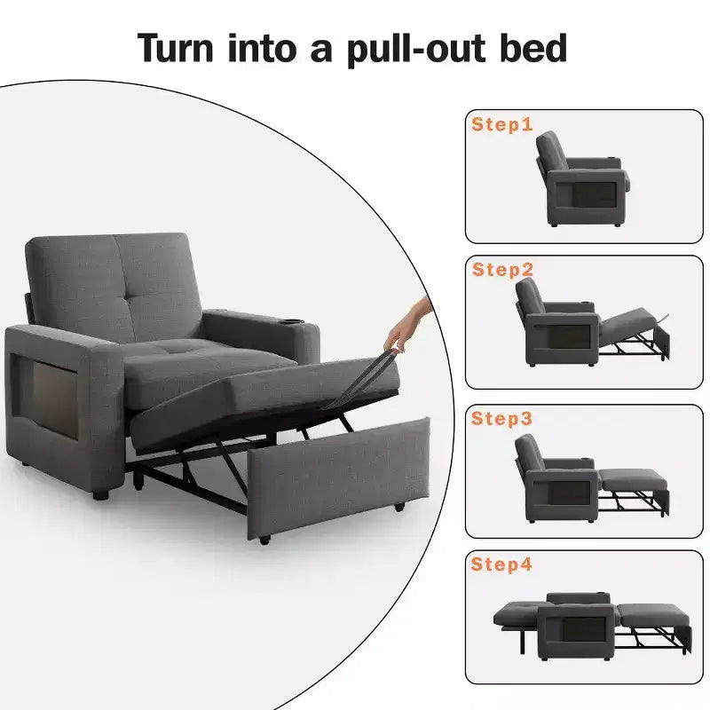 Dyonery 42.5 Canapé-lit convertible avec lit gigogne, fauteuil inclinable 3-en-1 avec dossier réglable, ports USB et tablette latérale
