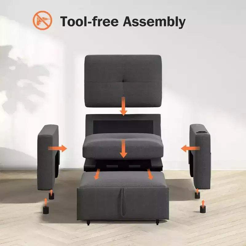 Dyonery 42.5 Canapé-lit convertible avec lit gigogne, fauteuil inclinable 3-en-1 avec dossier réglable, ports USB et tablette latérale