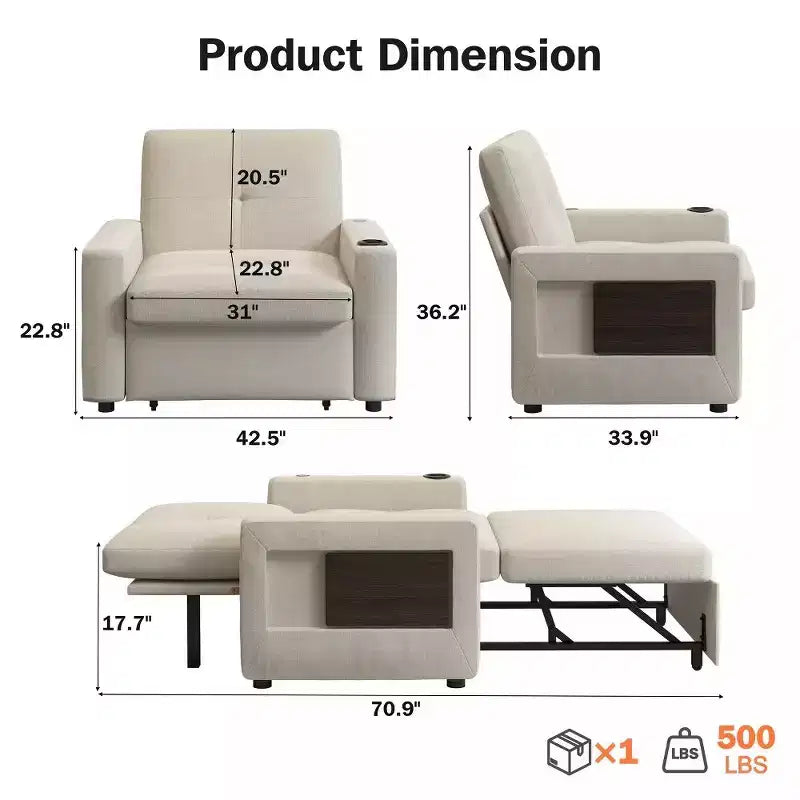 Dyonery 42.5 Canapé-lit convertible avec lit gigogne, fauteuil inclinable 3-en-1 avec dossier réglable, ports USB et tablette latérale