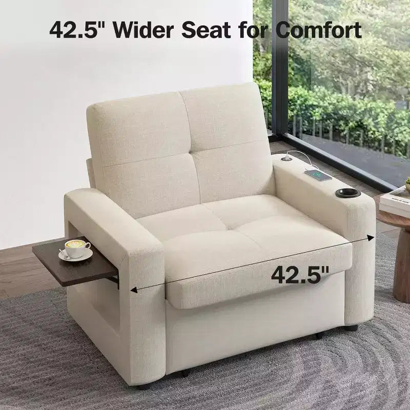 Dyonery 42.5 Canapé-lit convertible avec lit gigogne, fauteuil inclinable 3-en-1 avec dossier réglable, ports USB et tablette latérale