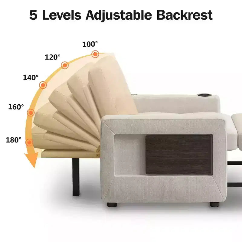 Dyonery 42.5 Canapé-lit convertible avec lit gigogne, fauteuil inclinable 3-en-1 avec dossier réglable, ports USB et tablette latérale