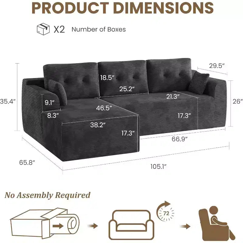 Canapé modulaire 105 places avec méridienne surdimensionnée - Aucun assemblage requis Canapé profond pour salon et chambre à coucher - Gris