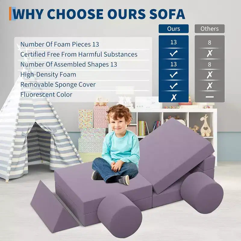 Canapé de jeu modulaire 13 pièces - Ensemble de canapé convertible pour tout-petits avec housses douces lavables - Chaise de sol en mousse pour salle de jeux, salon ou chambre à coucher