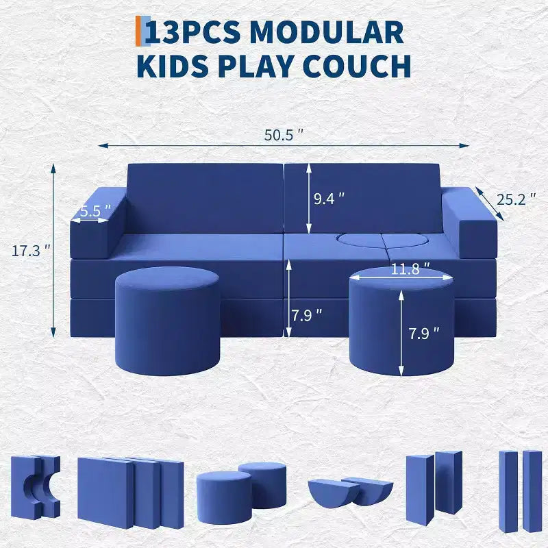Canapé de jeu modulaire 13 pièces - Ensemble de canapé convertible pour tout-petits avec housses douces lavables - Chaise de sol en mousse pour salle de jeux, salon ou chambre à coucher