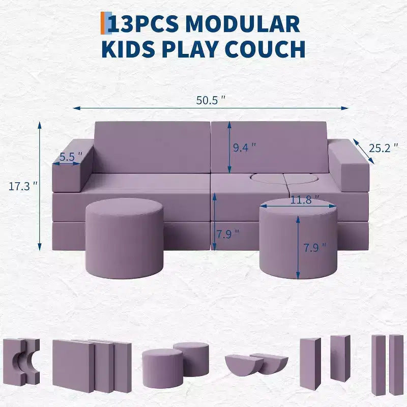 Canapé de jeu modulaire 13 pièces - Ensemble de canapé convertible pour tout-petits avec housses douces lavables - Chaise de sol en mousse pour salle de jeux, salon ou chambre à coucher