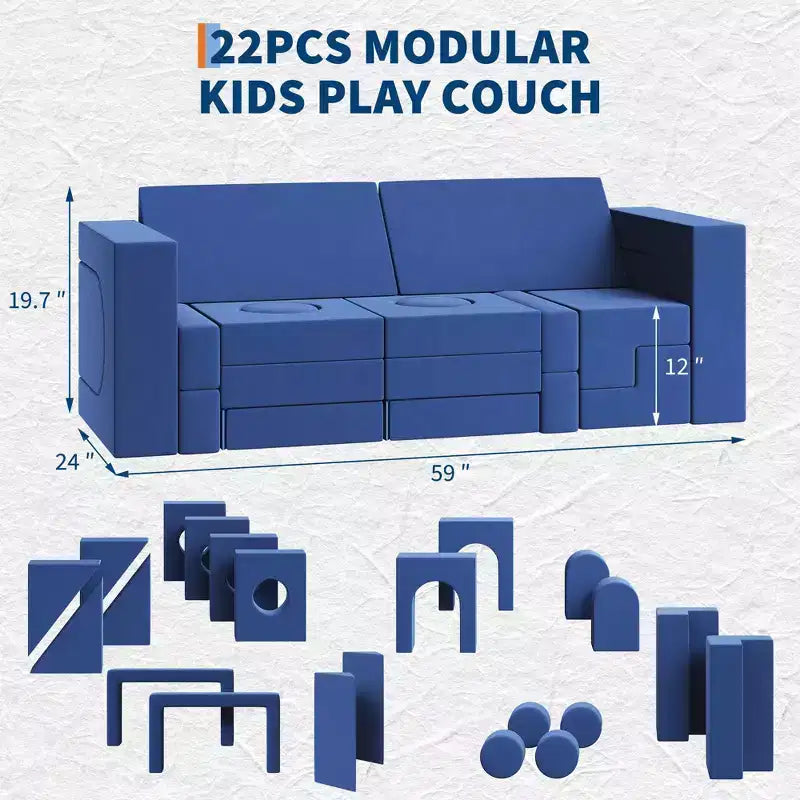Canapé modulaire pour enfants 22 pièces, canapé convertible en blocs, canapé DIY bleu deux places, convient aux chambres et aux salles de jeux