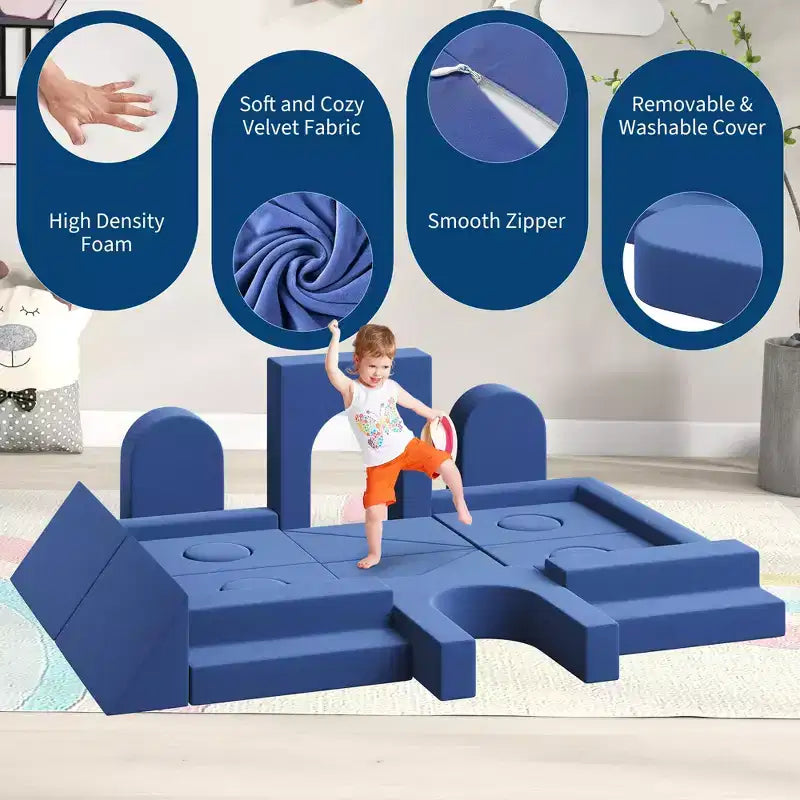 Canapé modulaire pour enfants 22 pièces, canapé convertible en blocs, canapé DIY bleu deux places, convient aux chambres et aux salles de jeux