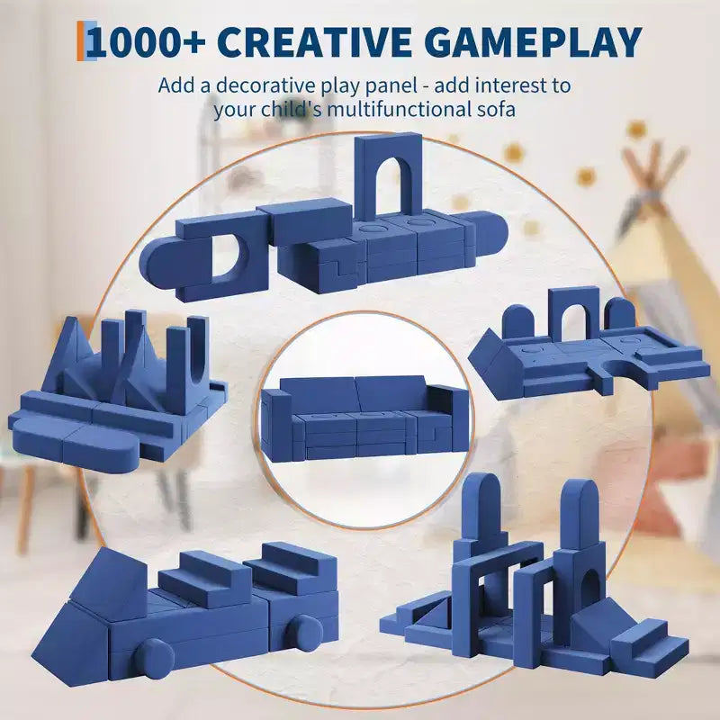 Canapé modulaire pour enfants 22 pièces, canapé convertible en blocs, canapé DIY bleu deux places, convient aux chambres et aux salles de jeux