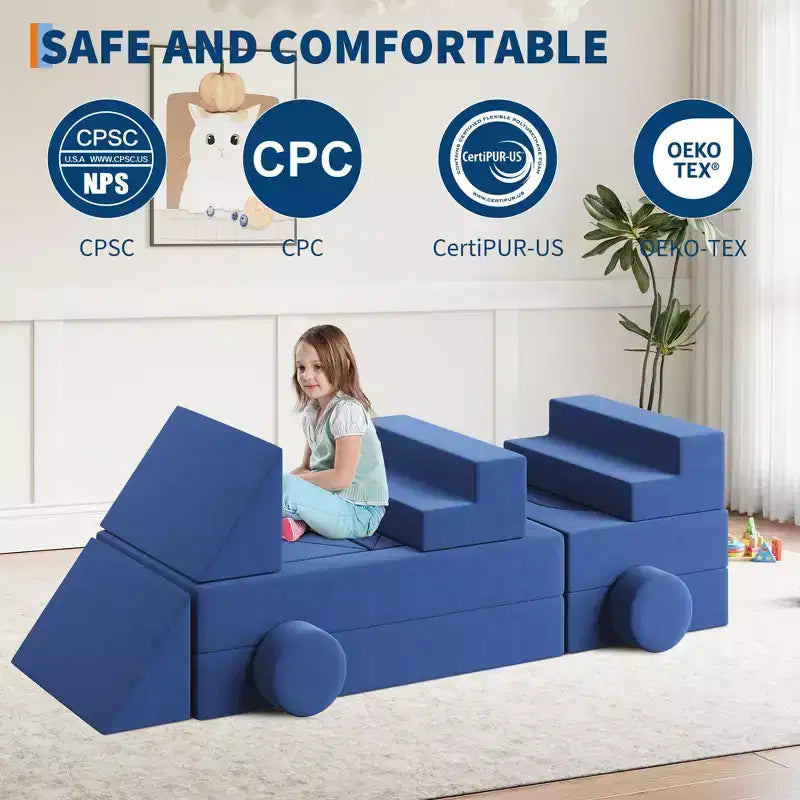 Canapé modulaire pour enfants 22 pièces, canapé convertible en blocs, canapé DIY bleu deux places, convient aux chambres et aux salles de jeux