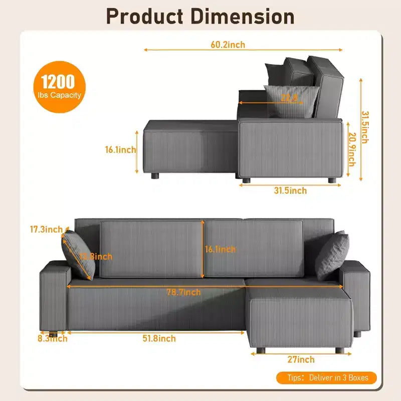 Canapé d'angle modulable en L avec pouf, canapé nuage moelleux en éponge livré en boîte, aucun assemblage requis, rembourré moderne pour salon