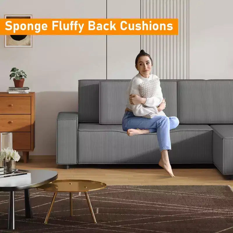 Canapé d'angle modulable en L avec pouf, canapé nuage moelleux en éponge livré en boîte, aucun assemblage requis, rembourré moderne pour salon