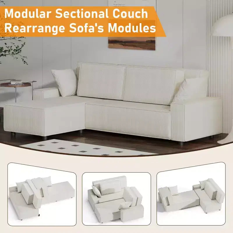 Canapé d'angle modulable en L avec pouf, canapé nuage moelleux en éponge livré en boîte, aucun assemblage requis, rembourré moderne pour salon