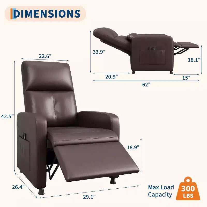 Fauteuil inclinable électrique en cuir PU avec chauffage et massage - Canapé individuel ergonomique électrique réglable, siège de cinéma maison pour salon