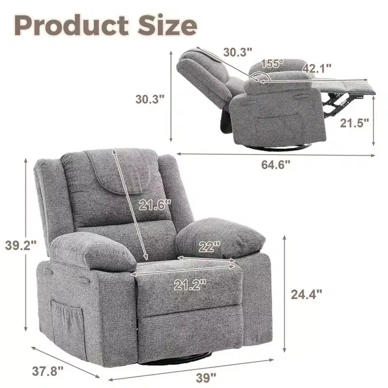 Fauteuil inclinable pivotant à 360° avec massage par vibration et chauffage lombaire, canapé simple surdimensionné pour adultes, pour salon