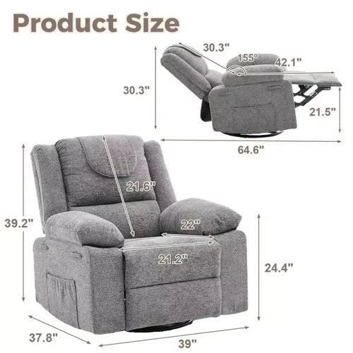 Fauteuil inclinable pivotant à 360° avec massage par vibration et chauffage lombaire, canapé simple surdimensionné pour adultes, pour salon