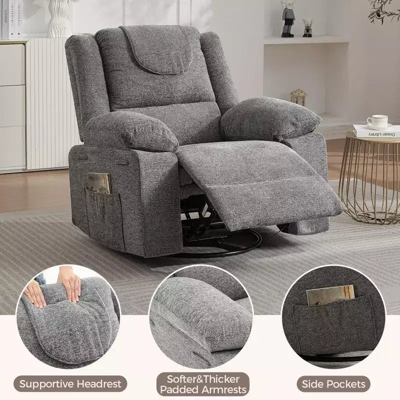 Fauteuil inclinable pivotant à 360° avec massage par vibration et chauffage lombaire, canapé simple surdimensionné pour adultes, pour salon