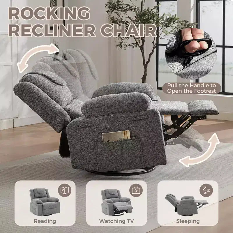 Fauteuil inclinable pivotant à 360° avec massage par vibration et chauffage lombaire, canapé simple surdimensionné pour adultes, pour salon