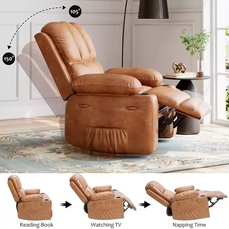Fauteuil berçant/inclinable, petit fauteuil berçant pivotant avec fonctions de chauffage et de massage par vibrations, fauteuil inclinable en cuir pour chambre de bébé avec porte-gobelet