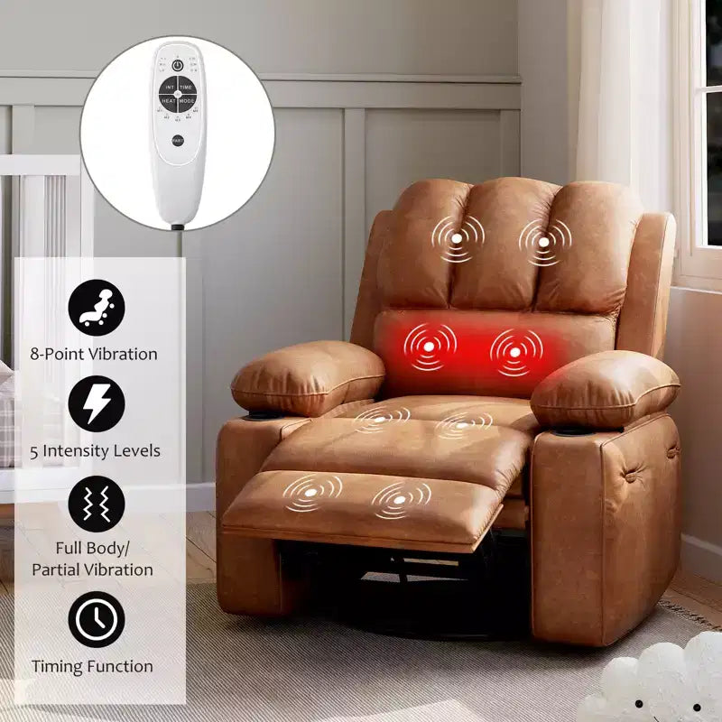 Fauteuil berçant/inclinable, petit fauteuil berçant pivotant avec fonctions de chauffage et de massage par vibrations, fauteuil inclinable en cuir pour chambre de bébé avec porte-gobelet