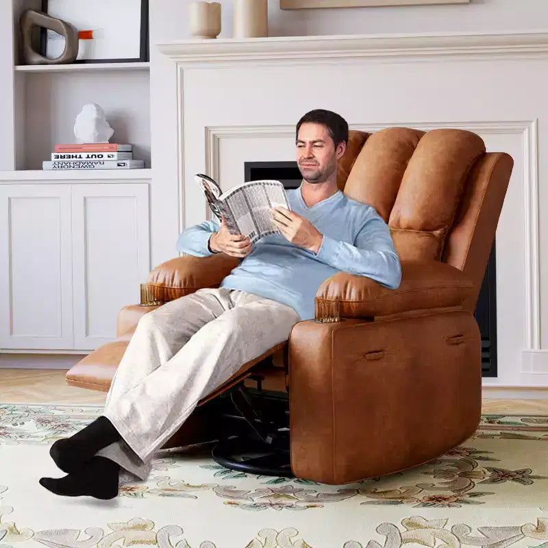 Fauteuil berçant/inclinable, petit fauteuil berçant pivotant avec fonctions de chauffage et de massage par vibrations, fauteuil inclinable en cuir pour chambre de bébé avec porte-gobelet