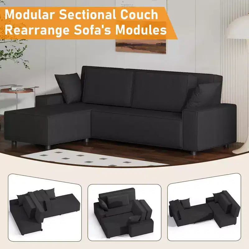 Canapé modulable 96 places, canapé d'angle moderne en velours côtelé avec pouf mobile, canapé sectionnel pour salon, chambre à coucher
