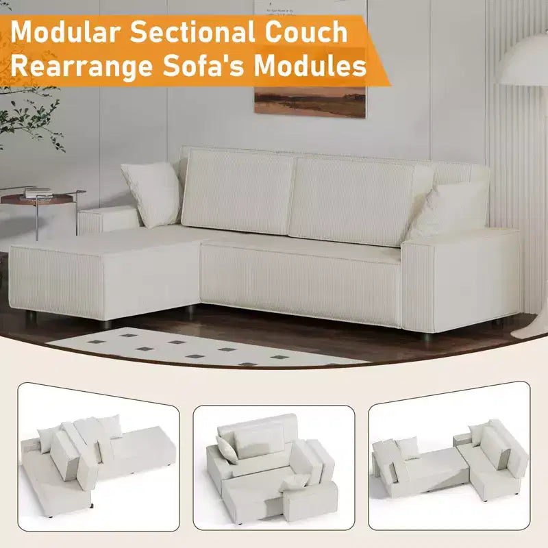 Canapé modulable 96 places, canapé d'angle moderne en velours côtelé avec pouf mobile, canapé sectionnel pour salon, chambre à coucher