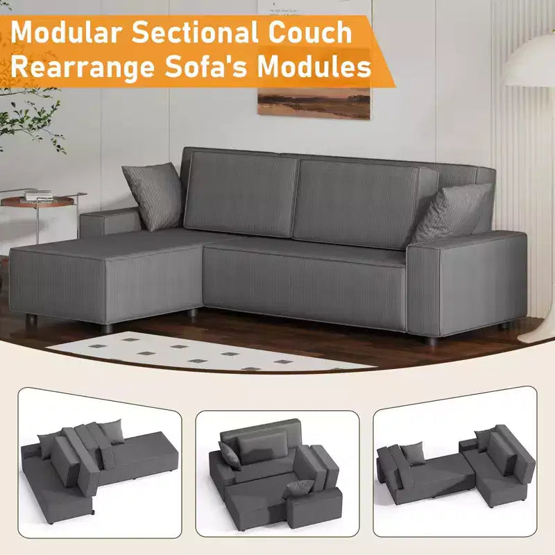Canapé modulable 96 places, canapé d'angle moderne en velours côtelé avec pouf mobile, canapé sectionnel pour salon, chambre à coucher