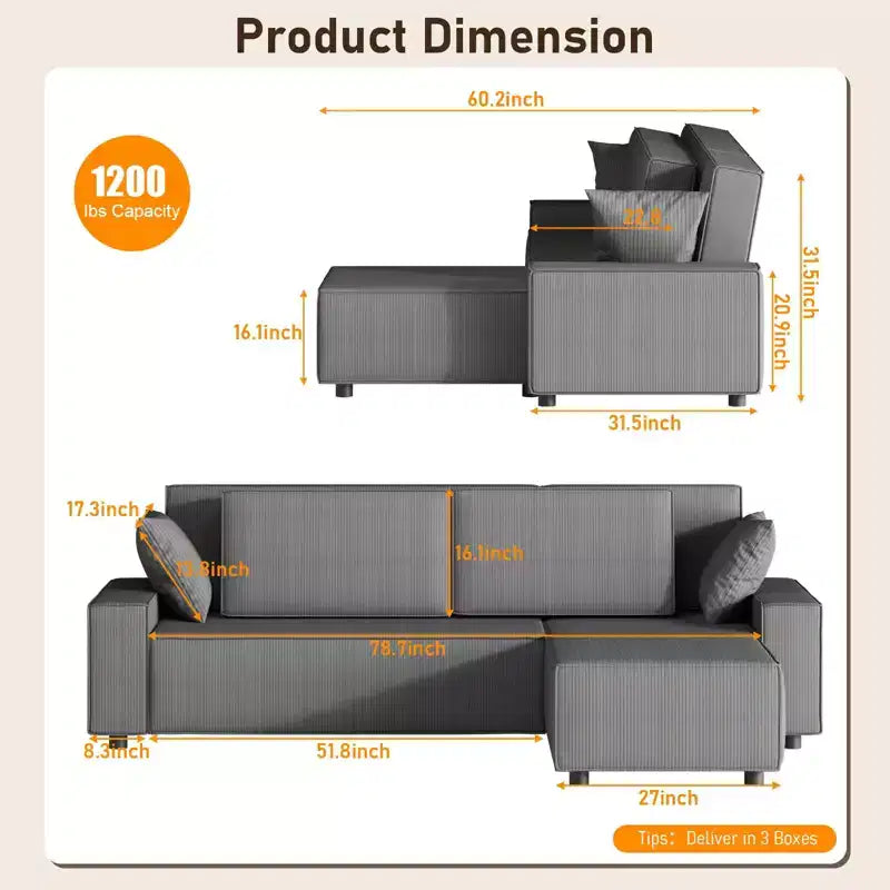Canapé modulable 96 places, canapé d'angle moderne en velours côtelé avec pouf mobile, canapé sectionnel pour salon, chambre à coucher
