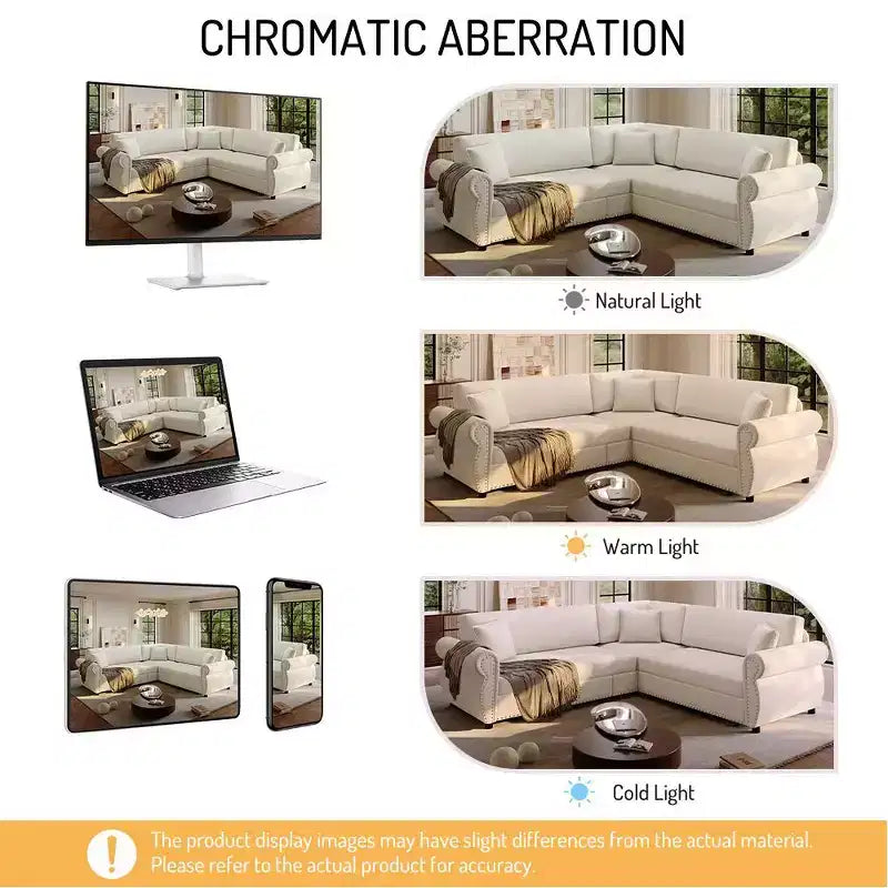 Canapé convertible d'angle 5 places Homy Casa 88 avec lit gigogne, revêtement chenille, beige