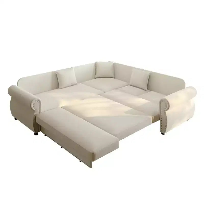 Canapé convertible d'angle 5 places Homy Casa 88 avec lit gigogne, revêtement chenille, beige