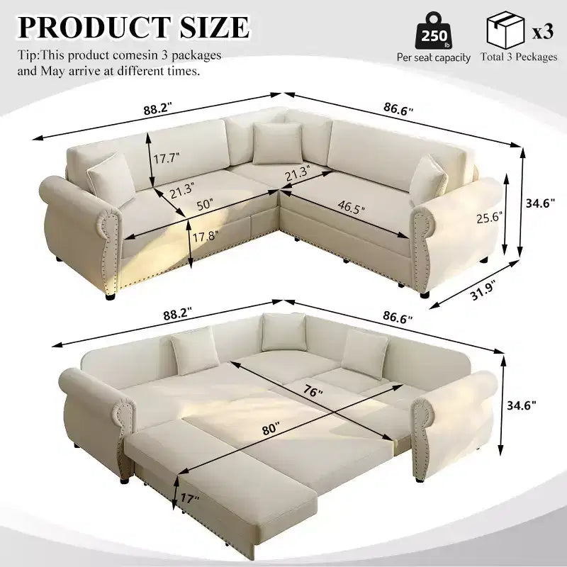 Canapé convertible d'angle 5 places Homy Casa 88 avec lit gigogne, revêtement chenille, beige