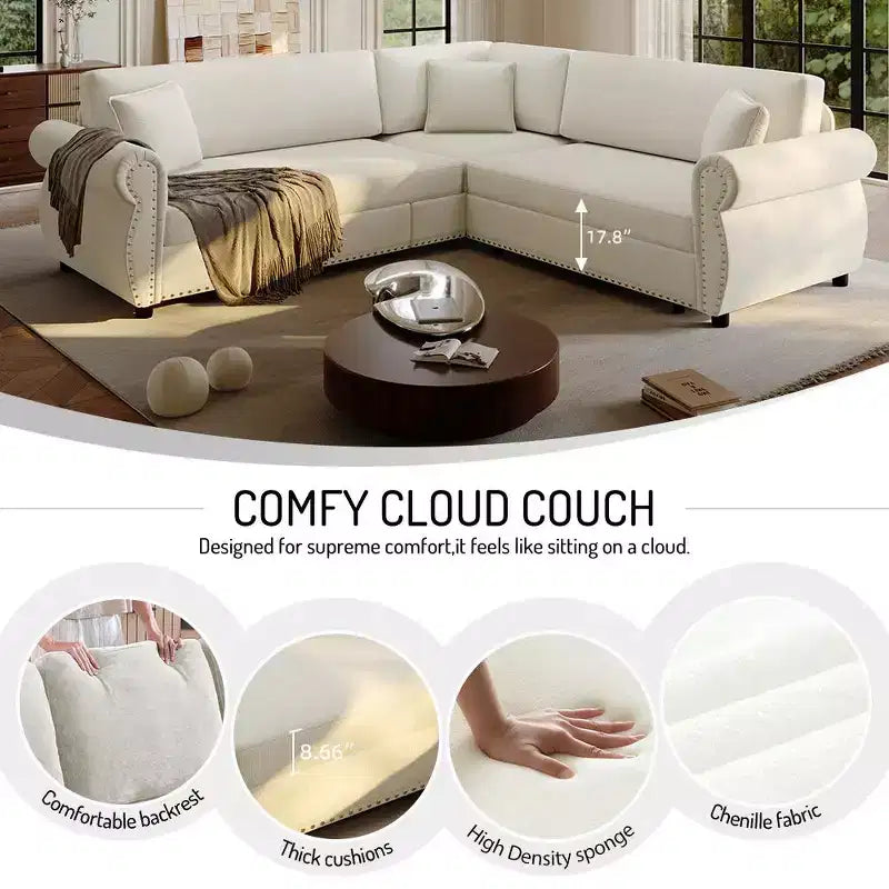 Canapé convertible d'angle 5 places Homy Casa 88 avec lit gigogne, revêtement chenille, beige