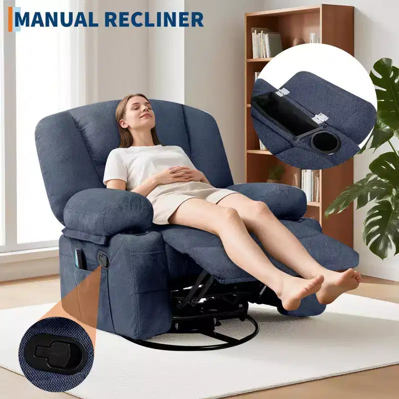 Fauteuil inclinable pivotant à 360° avec chauffage et massage, fauteuil inclinable à bascule manuel, porte-gobelets et poches de rangement, tissu chenille/cuir PU pour salon et chambre à coucher