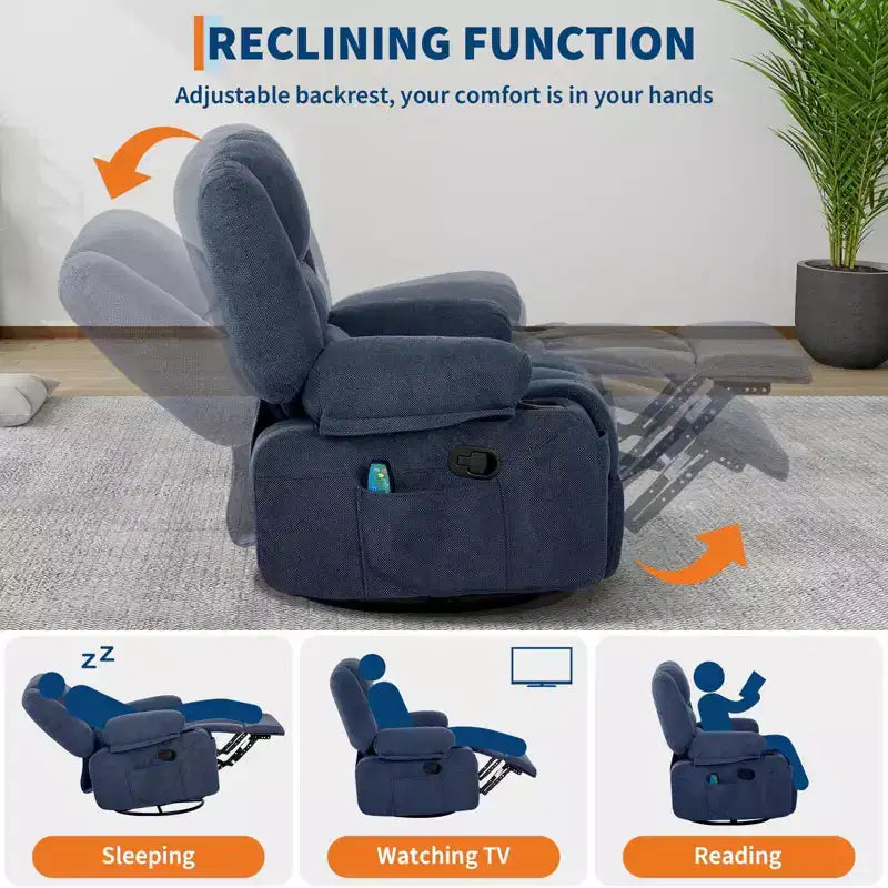 Fauteuil inclinable pivotant à 360° avec chauffage et massage, fauteuil inclinable à bascule manuel, porte-gobelets et poches de rangement, tissu chenille/cuir PU pour salon et chambre à coucher