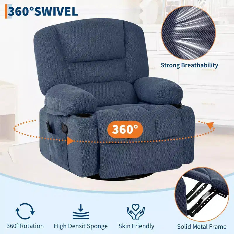Fauteuil inclinable pivotant à 360° avec chauffage et massage, fauteuil inclinable à bascule manuel, porte-gobelets et poches de rangement, tissu chenille/cuir PU pour salon et chambre à coucher