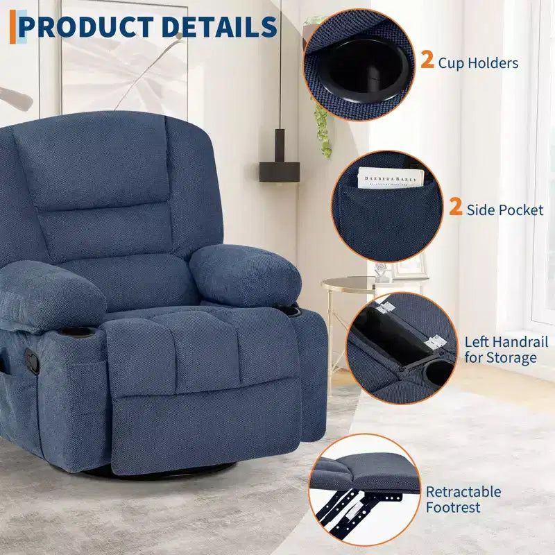 Fauteuil inclinable pivotant à 360° avec chauffage et massage, fauteuil inclinable à bascule manuel, porte-gobelets et poches de rangement, tissu chenille/cuir PU pour salon et chambre à coucher