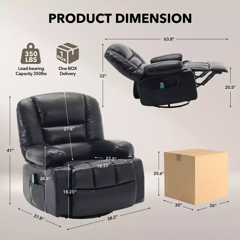 Fauteuil inclinable pivotant à 360° avec chauffage et massage, fauteuil inclinable à bascule manuel, porte-gobelets et poches de rangement, tissu chenille/cuir PU pour salon et chambre à coucher