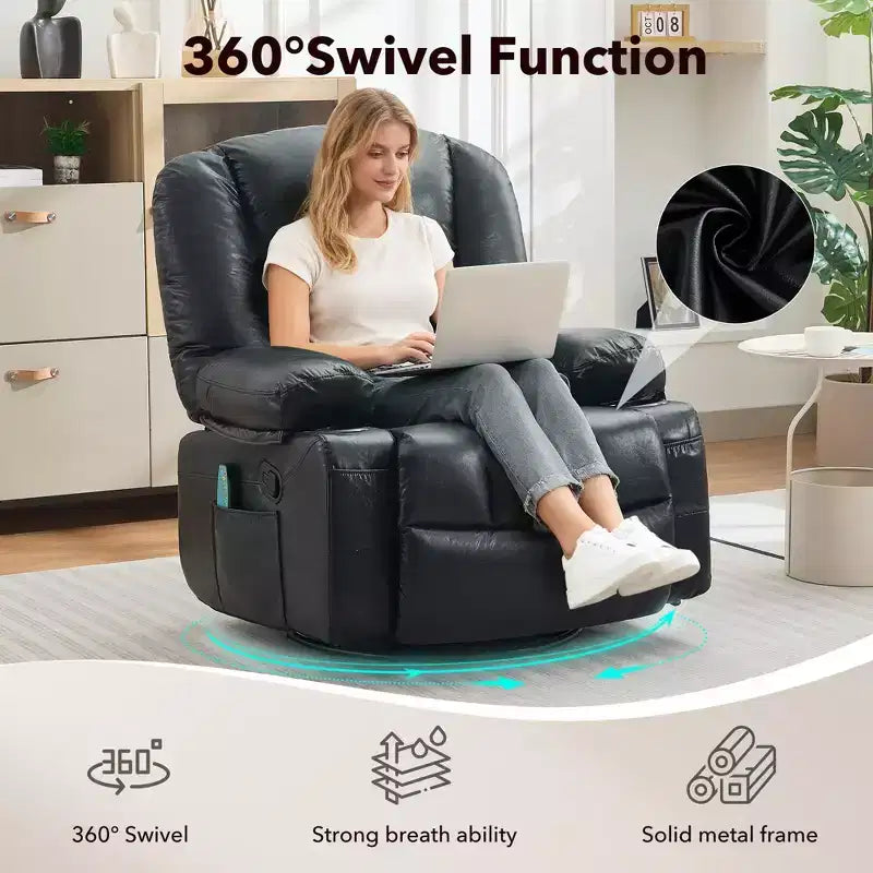 Fauteuil inclinable pivotant à 360° avec chauffage et massage, fauteuil inclinable à bascule manuel, porte-gobelets et poches de rangement, tissu chenille/cuir PU pour salon et chambre à coucher