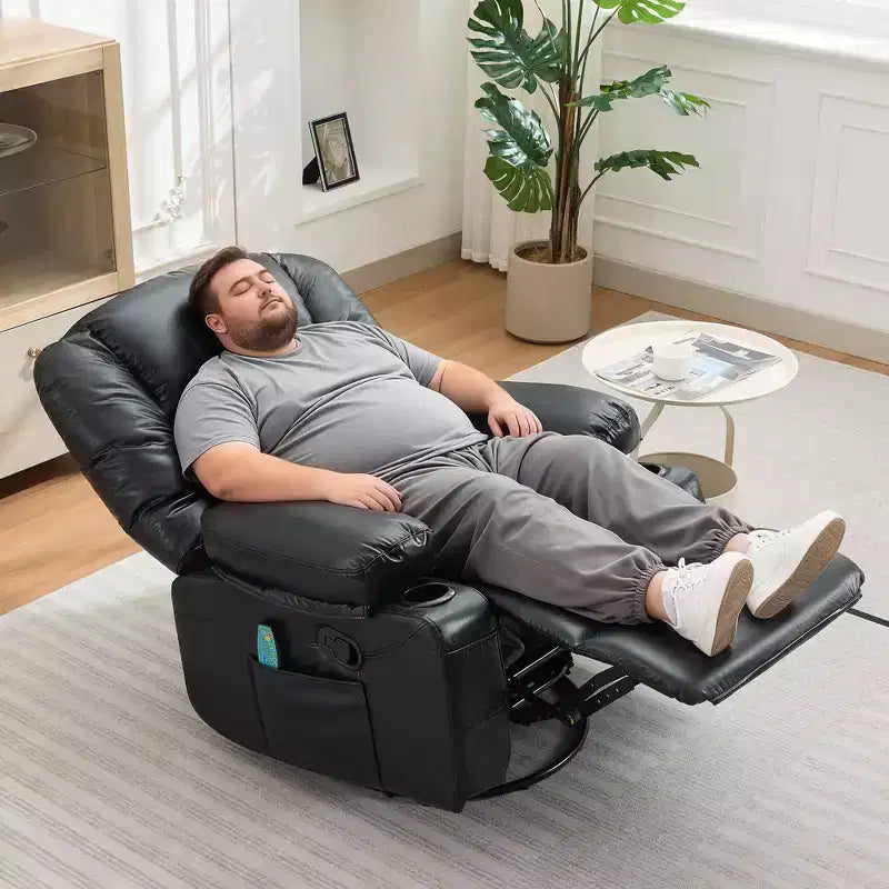Fauteuil inclinable pivotant à 360° avec chauffage et massage, fauteuil inclinable à bascule manuel, porte-gobelets et poches de rangement, tissu chenille/cuir PU pour salon et chambre à coucher