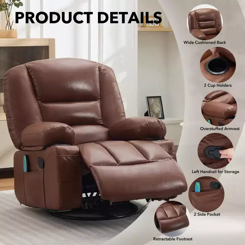 Fauteuil inclinable pivotant à 360° avec chauffage et massage, fauteuil inclinable à bascule manuel, porte-gobelets et poches de rangement, tissu chenille/cuir PU pour salon et chambre à coucher