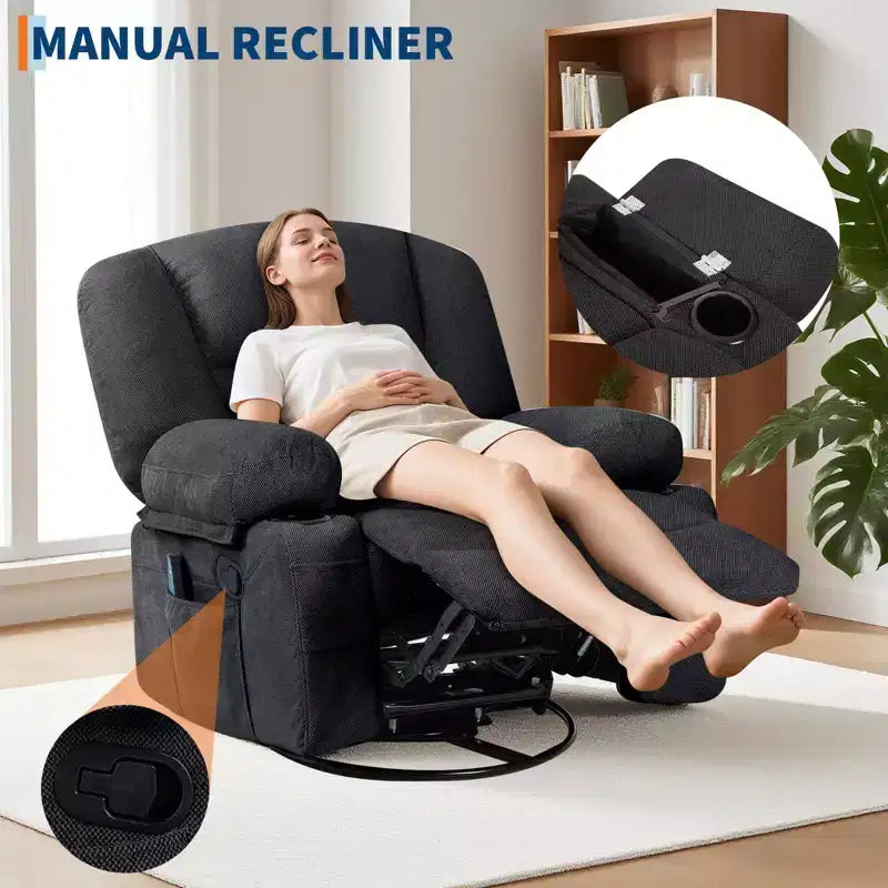 Fauteuil inclinable pivotant à 360° avec chauffage et massage, fauteuil inclinable à bascule manuel, porte-gobelets et poches de rangement, tissu chenille/cuir PU pour salon et chambre à coucher