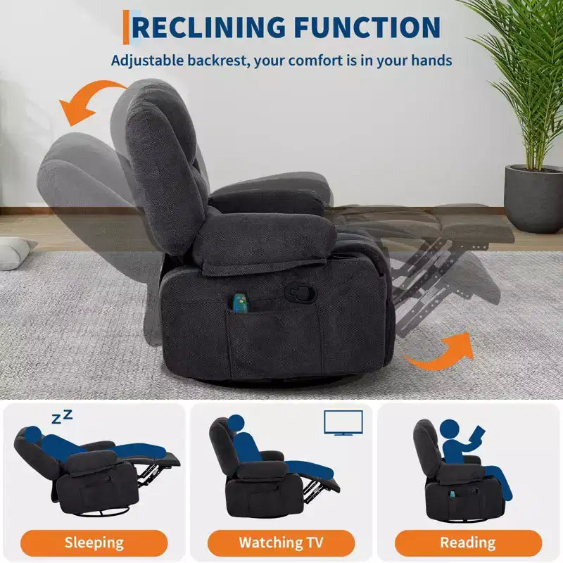 Fauteuil inclinable pivotant à 360° avec chauffage et massage, fauteuil inclinable à bascule manuel, porte-gobelets et poches de rangement, tissu chenille/cuir PU pour salon et chambre à coucher