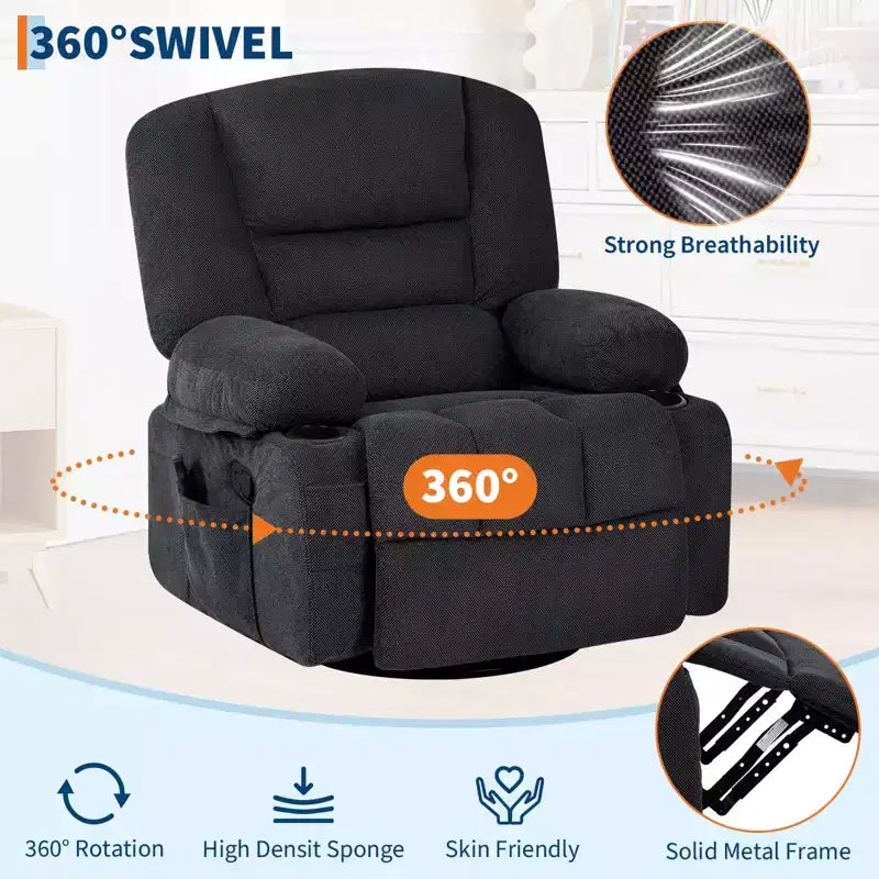 Fauteuil inclinable pivotant à 360° avec chauffage et massage, fauteuil inclinable à bascule manuel, porte-gobelets et poches de rangement, tissu chenille/cuir PU pour salon et chambre à coucher