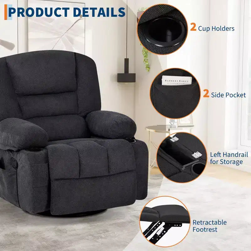 Fauteuil inclinable pivotant à 360° avec chauffage et massage, fauteuil inclinable à bascule manuel, porte-gobelets et poches de rangement, tissu chenille/cuir PU pour salon et chambre à coucher