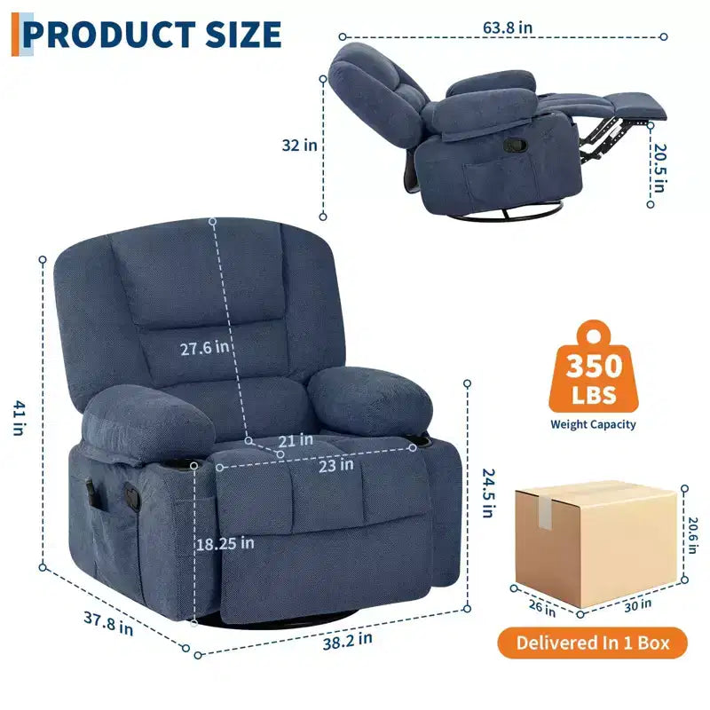 Fauteuil inclinable pivotant à 360° avec chauffage et massage, fauteuil inclinable à bascule manuel, porte-gobelets et poches de rangement, tissu chenille/cuir PU pour salon et chambre à coucher