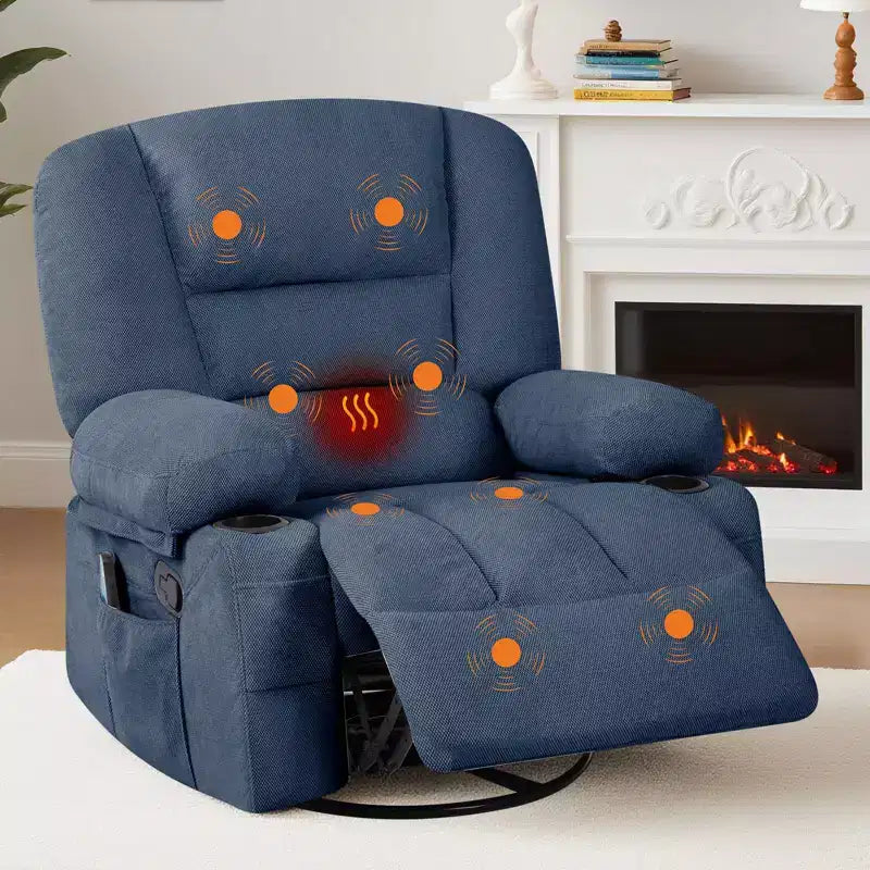 Fauteuil inclinable pivotant à 360° avec chauffage et massage, fauteuil inclinable à bascule manuel, porte-gobelets et poches de rangement, tissu chenille/cuir PU pour salon et chambre à coucher